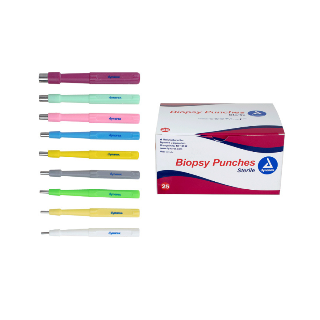 A set of ten colorful-handled biopsy punches is shown next to a white and red Dynarex Sterile Biopsy Punches box, which contains 25 sterile medical instruments.